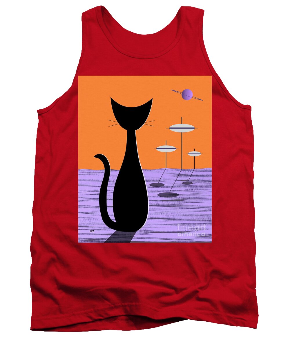 Mid Century Modern Tank Top featuring the digital art Space Cat Orange Sky by Donna Mibus