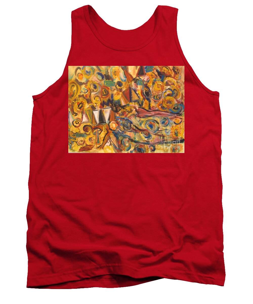Land Scape Tank Top featuring the painting Sun- Bathing Among Yellow Roses by Fereshteh Stoecklein