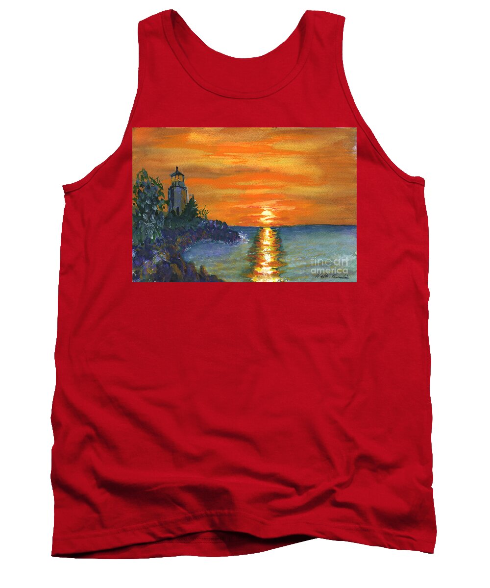 Sunset Tank Top featuring the painting Sunset at the Lighthouse by Walt Brodis