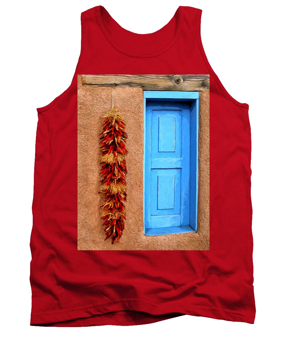 Taos Tank Top featuring the painting Taos Blue Door by Dominic Piperata