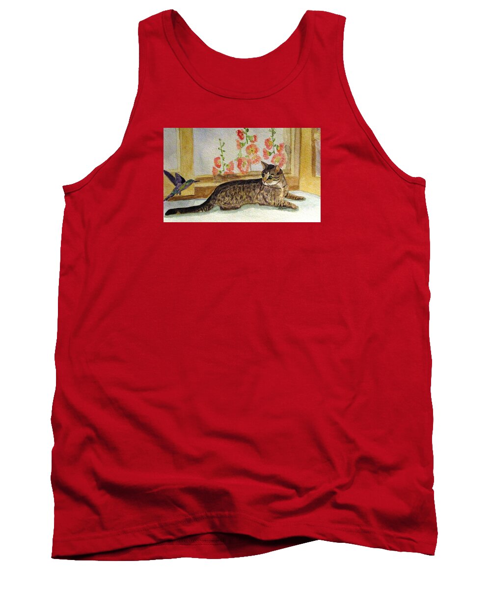 Cat Tank Top featuring the painting The Visitor by Angela Davies