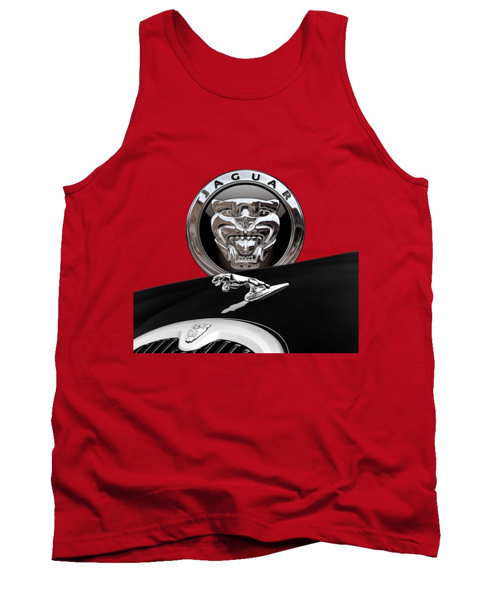 'auto Badges' Collection By Serge Averbukh Tank Top featuring the photograph Black Jaguar - Hood Ornaments and 3 D Badge on Red by Serge Averbukh