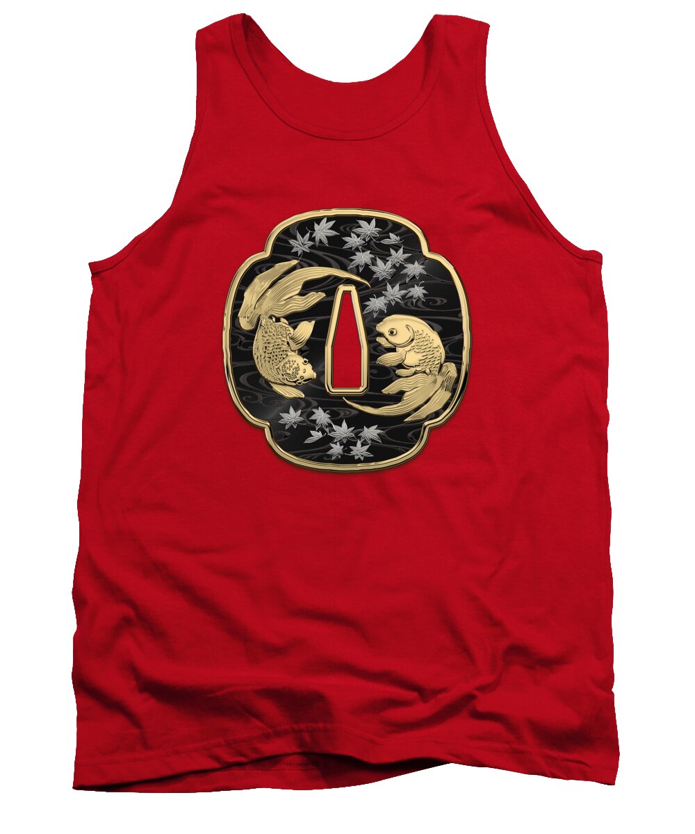 'treasures Of Japan' Collection By Serge Averbukh Tank Top featuring the photograph Japanese Katana Tsuba - Twin Gold Fish on Black Steel over Red Velvet by Serge Averbukh