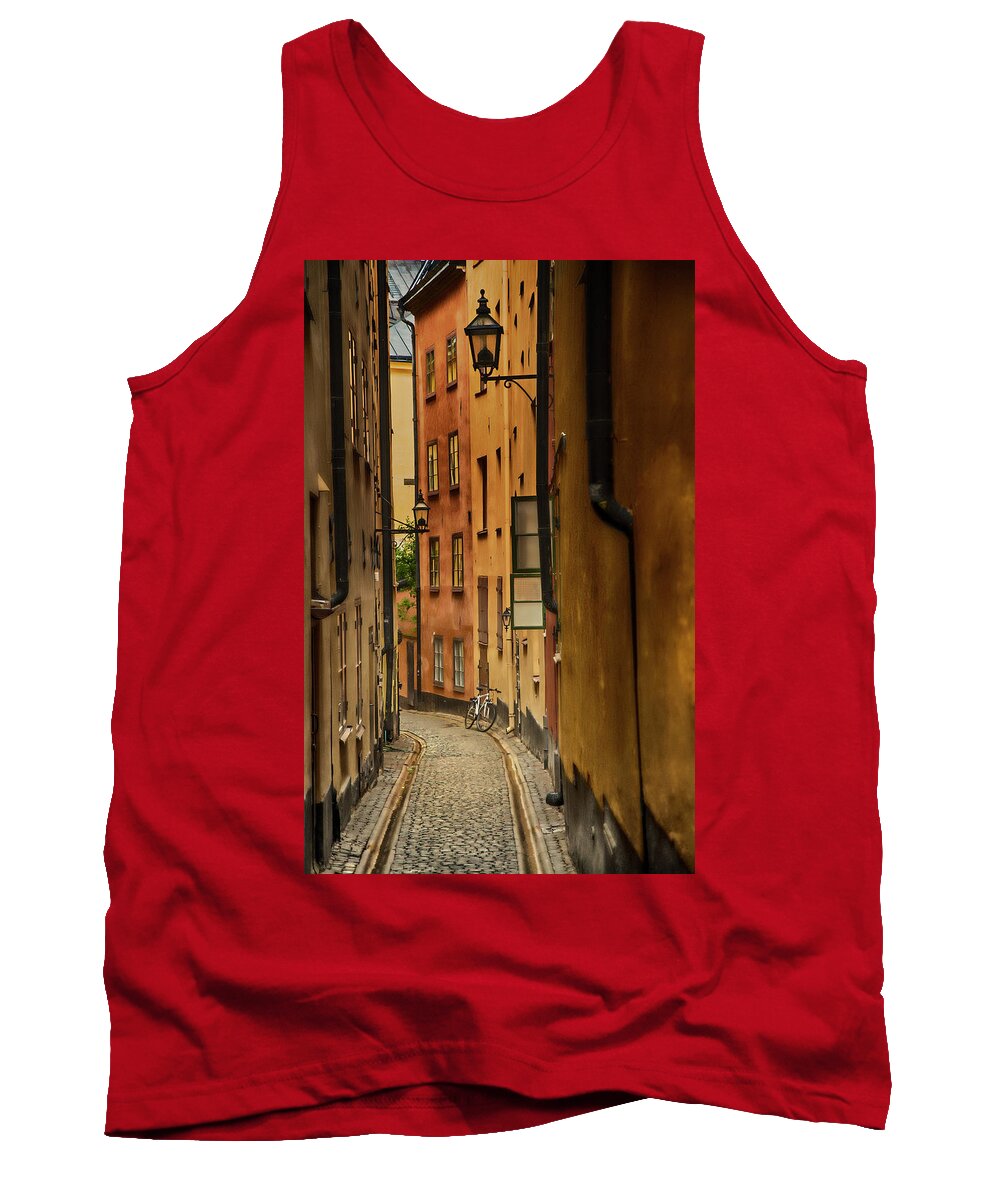 Stockholm Tank Top featuring the photograph A Side Street in Stockholm by Mick Burkey