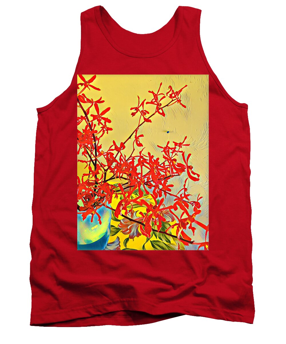 #alohabouquetoftheday #redorchids #orchids #red #aloha #bouquet Tank Top featuring the photograph Aloha Bouquet of the Day -- Red Orchids in Blue Vse by Joalene Young