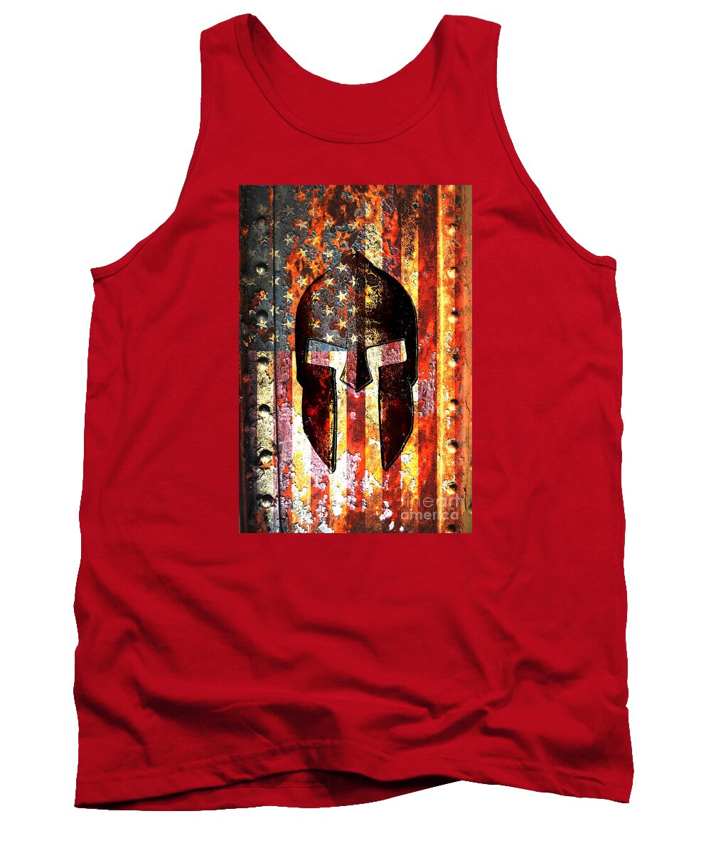 Gun Tank Top featuring the digital art American Flag And Spartan Helmet On Rusted Metal Door - Molon Labe by M L C
