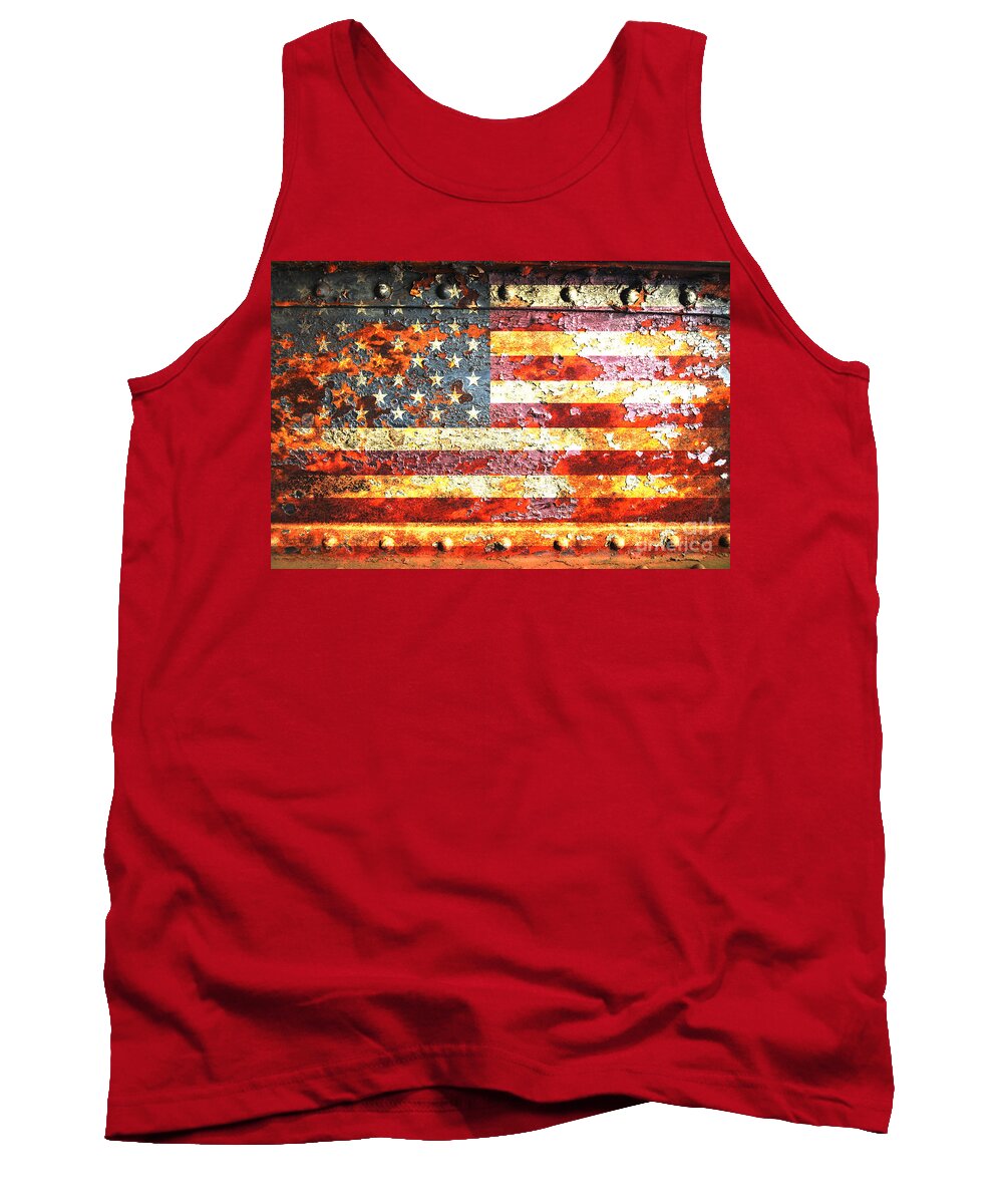 American Tank Top featuring the digital art American Flag On Rusted Riveted Metal Door by M L C