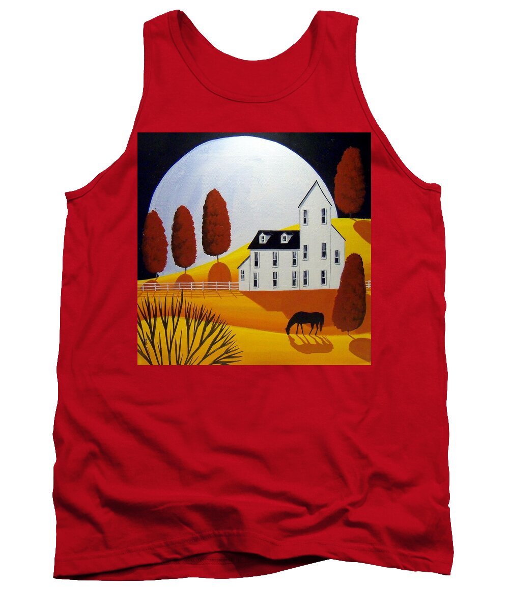 Folk Art Tank Top featuring the painting Autumn Wonder Moon - country farm folk art by Debbie Criswell