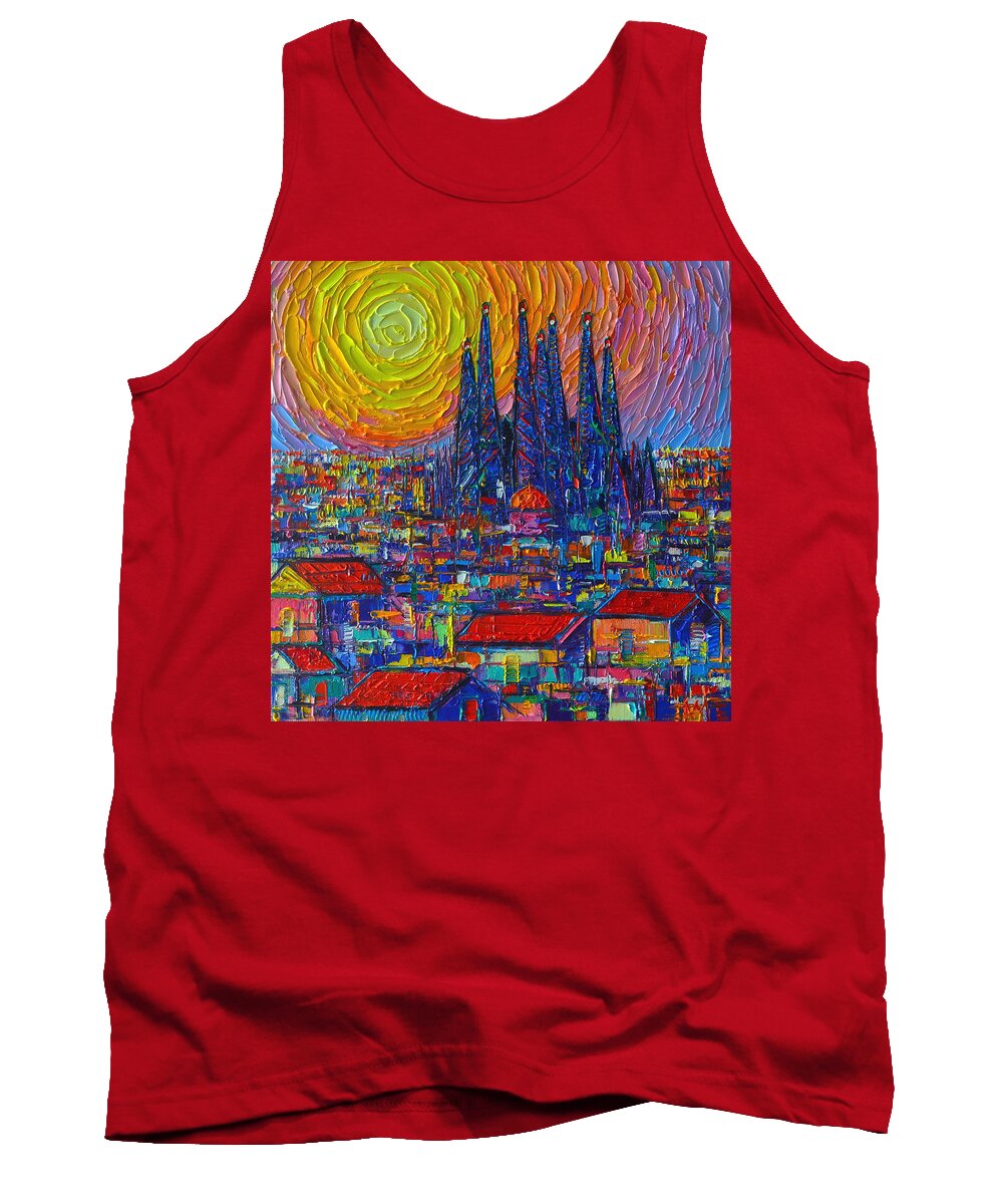 Barcelona Tank Top featuring the painting BARCELONA COLORFUL SUNSET OVER SAGRADA FAMILIA abstract city knife oil painting Ana Maria Edulescu by Ana Maria Edulescu