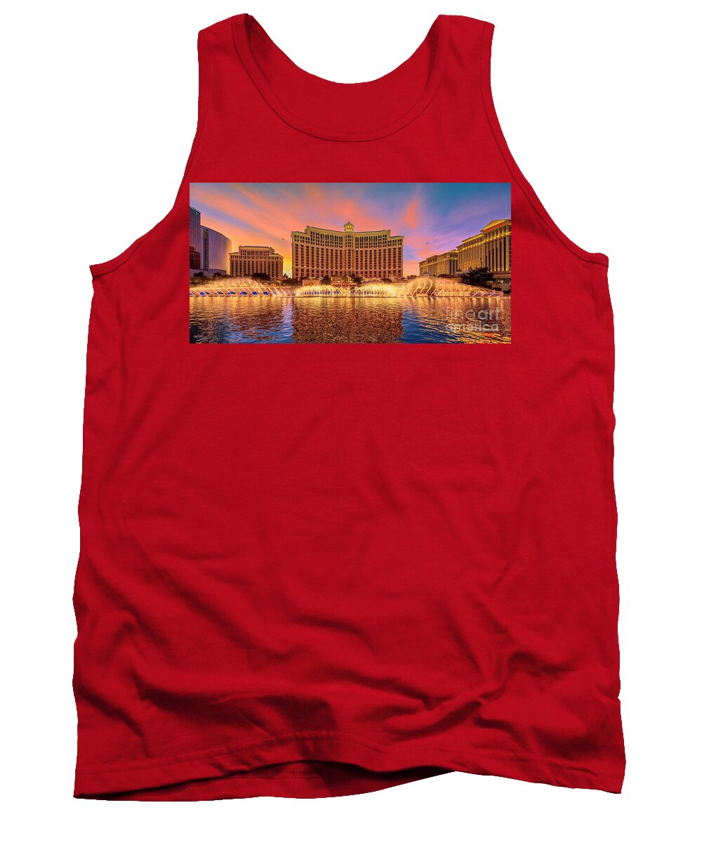 Bellagio Tank Top featuring the photograph Bellagio Fountains Warm Sunset 2 to 1 Ratio by Aloha Art