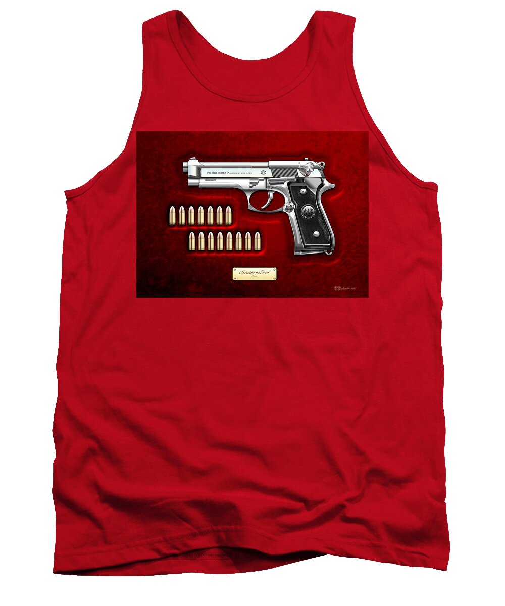 The Armory By Serge Averbukh Tank Top featuring the photograph Beretta 92fs Inox Over Red Velvet by Serge Averbukh