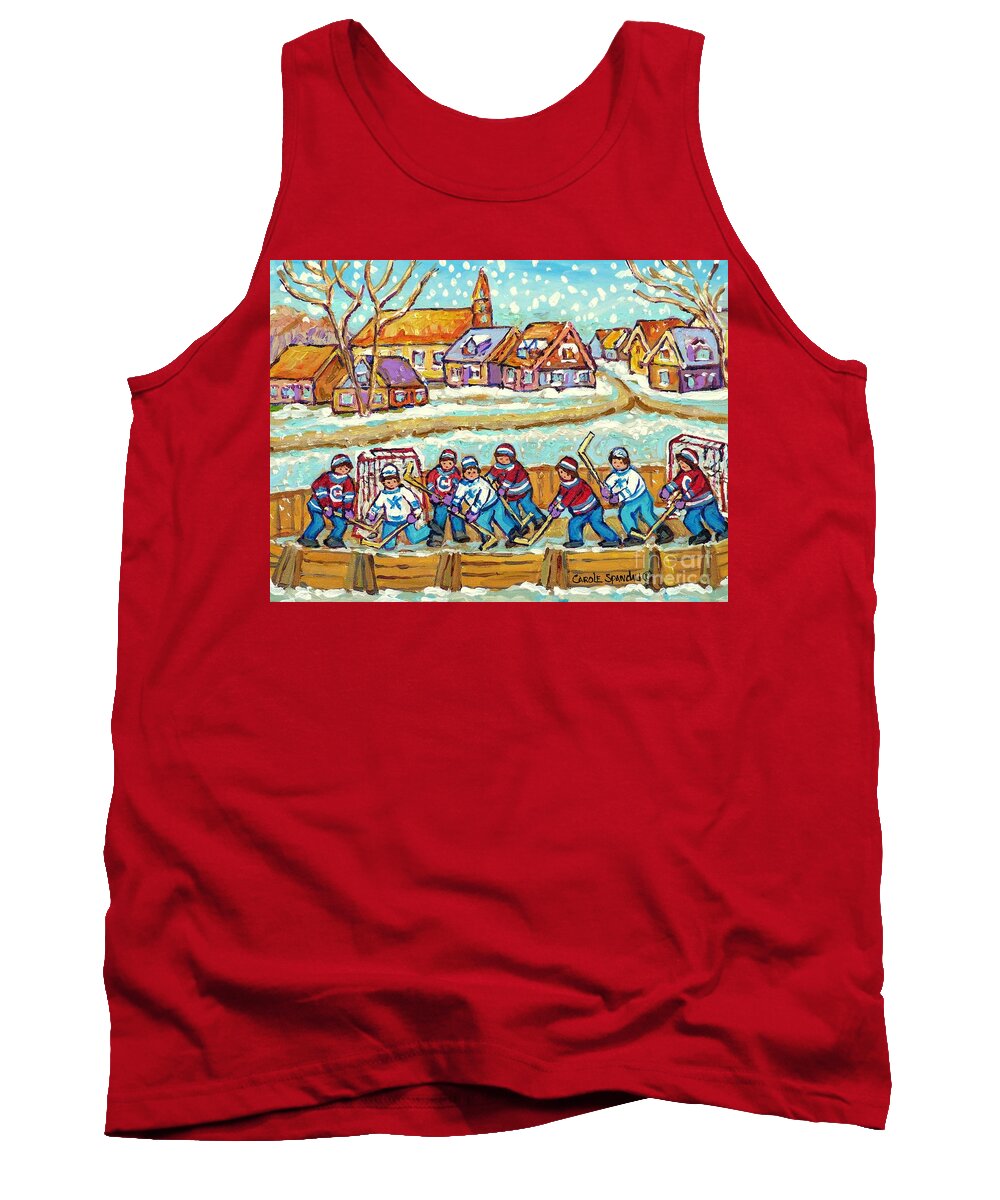 Hockey Tank Top featuring the painting Big Hockey Game Outdoor Ice Rink Snowy Winter Scene Painting Canadian Art C Spandau Quebec Artist  by Carole Spandau