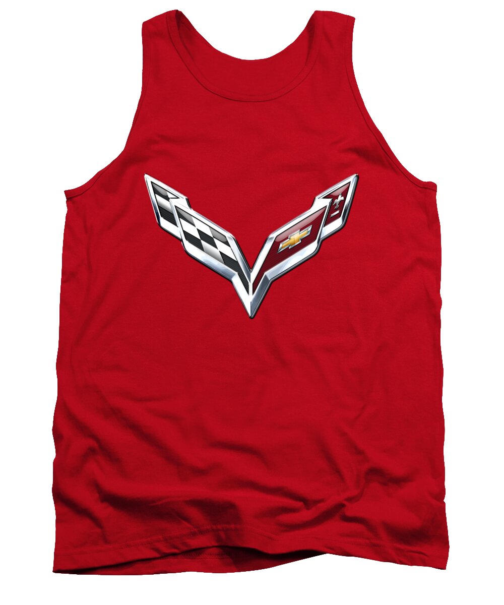 'wheels Of Fortune' Collection By Serge Averbukh Tank Top featuring the photograph Chevrolet Corvette - 3d Badge On Red by Serge Averbukh