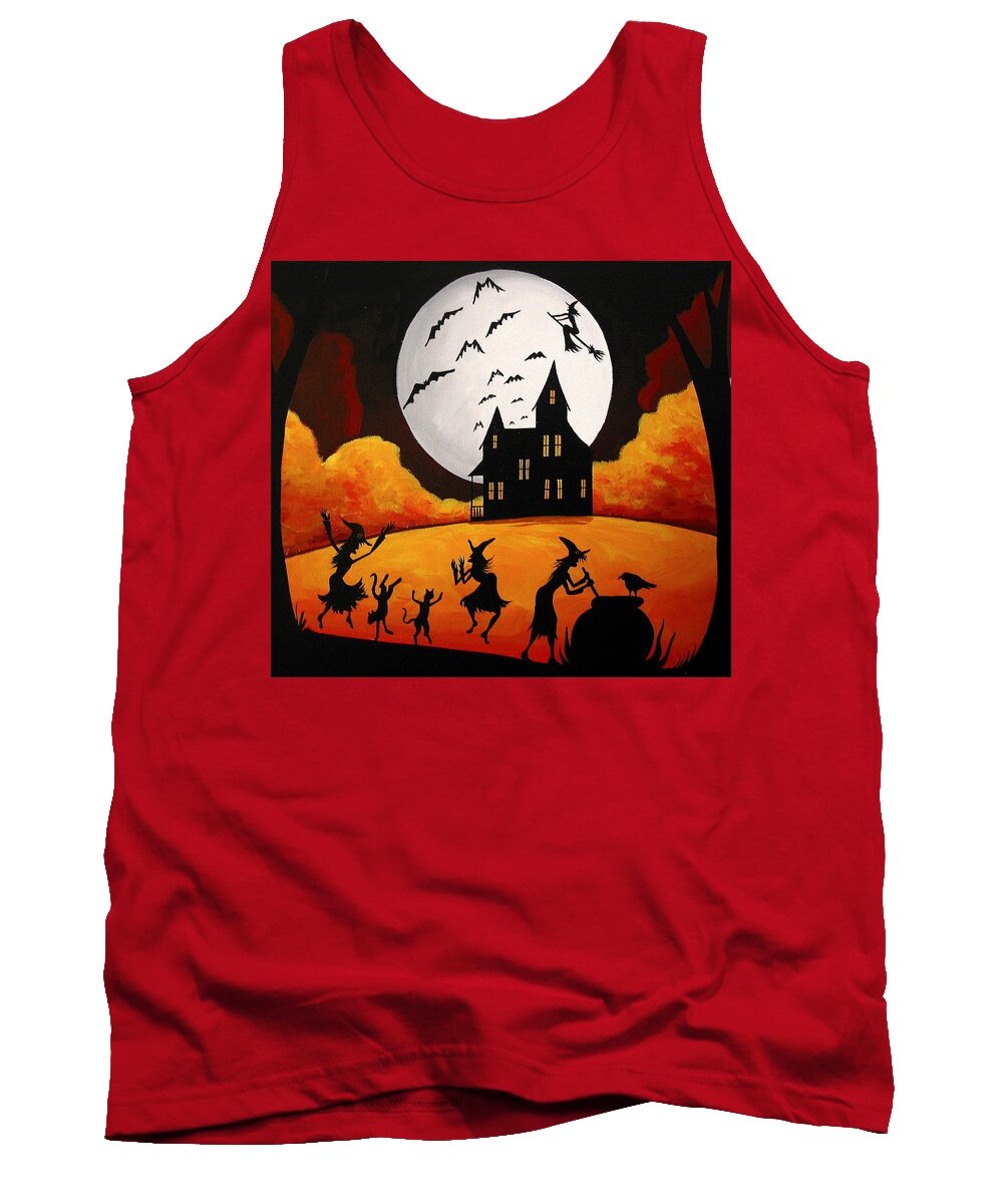 Art Tank Top featuring the painting Dinner And A Show - Halloween landscape by Debbie Criswell