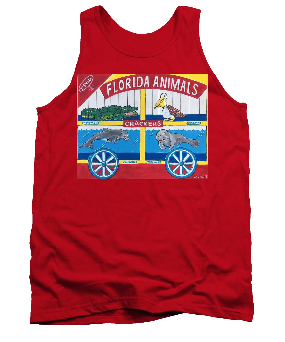 Florida Animal Crackers Alligator Pelican Dolphin Manatee Nabisco Bisnaco Barnum Animalcrackers Circus Cookie Childhood Tank Top featuring the painting Florida Animal Crackers by Jonathan Morrill