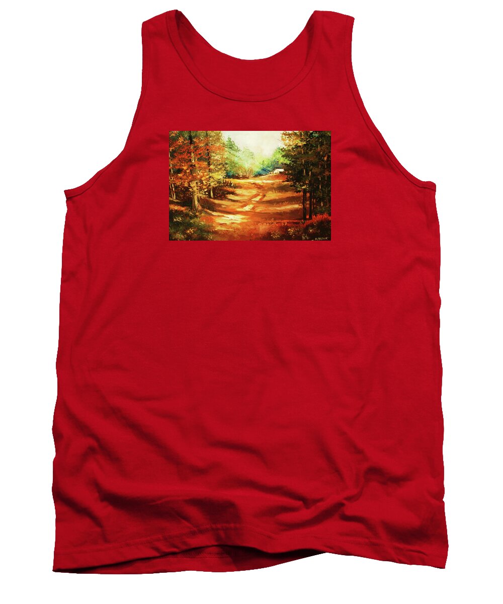 Trees Tank Top featuring the painting Glory Road in Autumn by Al Brown
