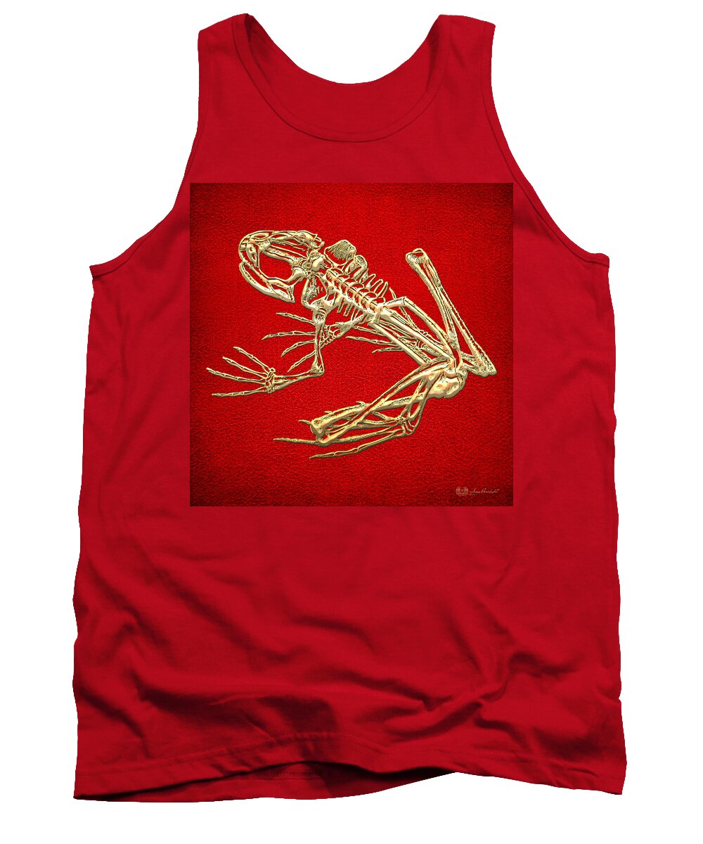 Precious Bones By Serge Averbukh Tank Top featuring the photograph Gold Frog Skeleton On Red Leather by Serge Averbukh