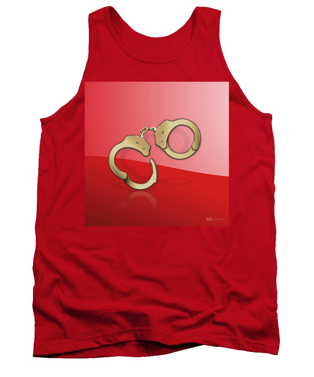 Tools Of The Trade By Serge Averbukh Tank Top featuring the photograph Gold Handcuffs On Red by Serge Averbukh