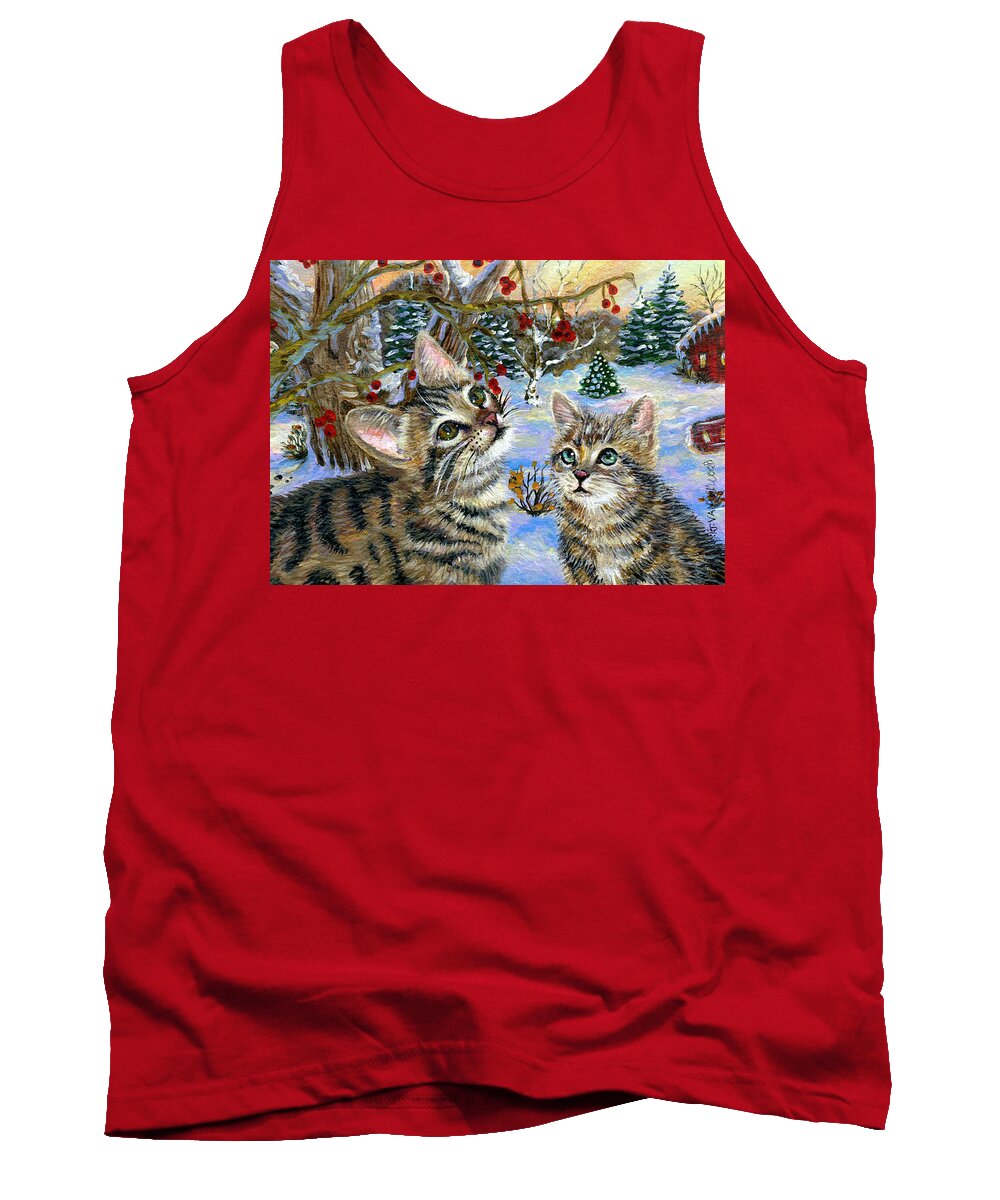 Cat Tank Top featuring the painting Kitten's Winter Fun by Jacquelin L Westerman