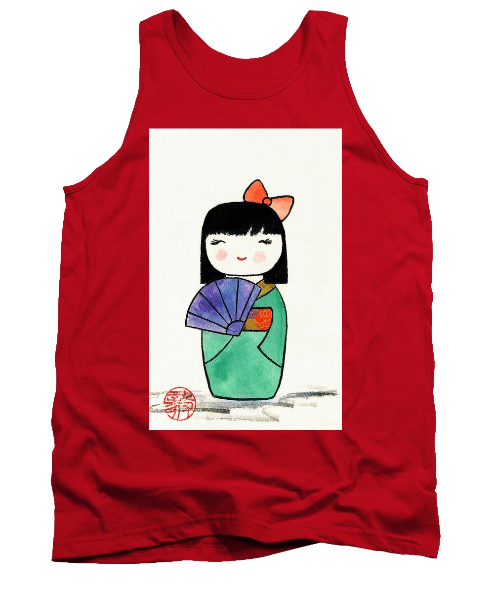Japanese Tank Top featuring the painting Kokeshi Doll by Terri Harris