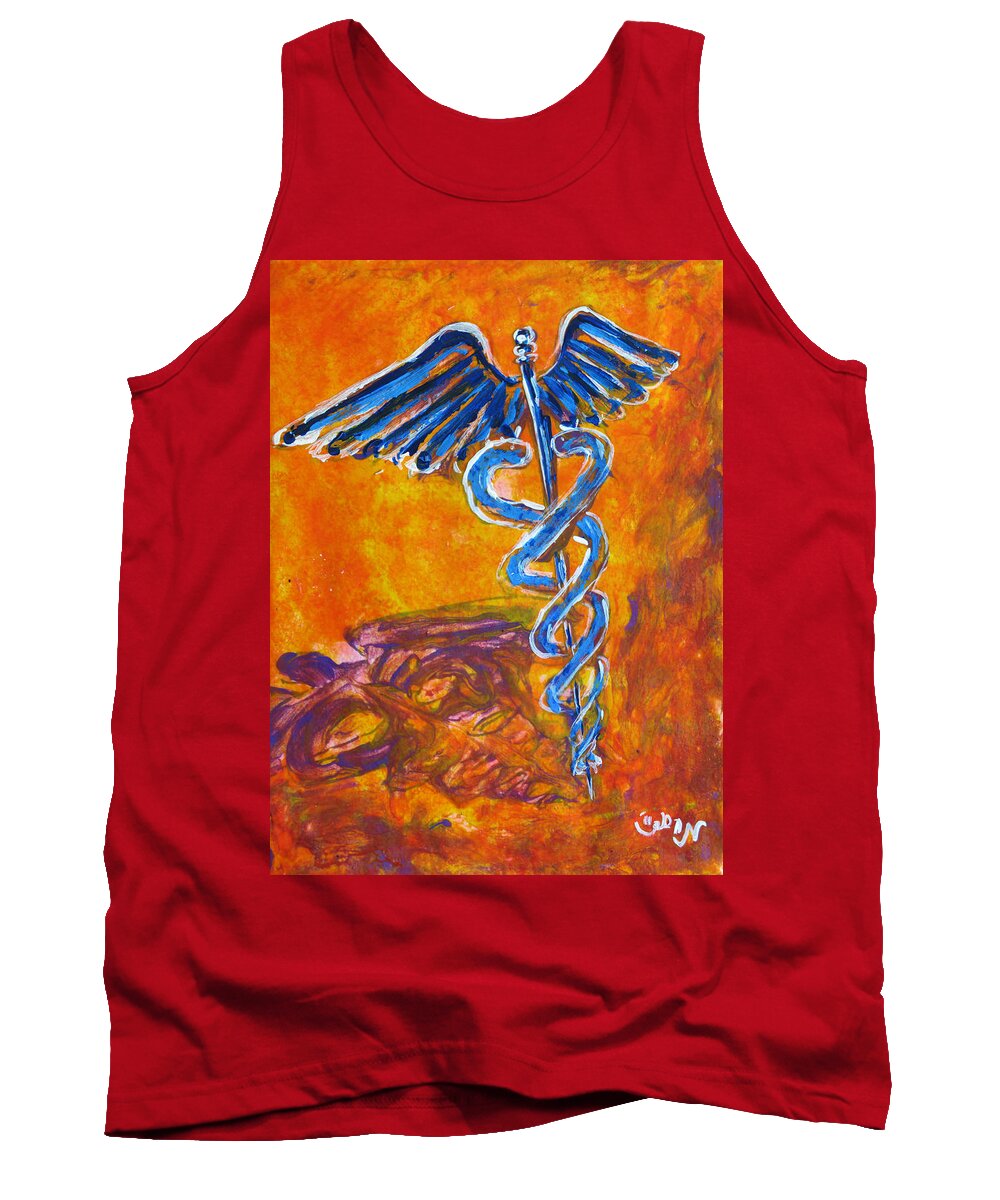 Medical Tank Top featuring the painting Orange Blue Purple Medical Caduceus thats Atmospheric and Rising with Mystery by M Zimmerman