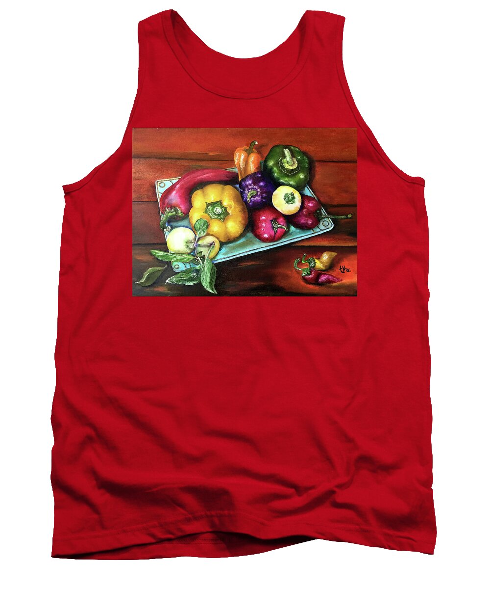 Still Life Tank Top featuring the painting Peppers and a Turquoise Tray by Terry R MacDonald