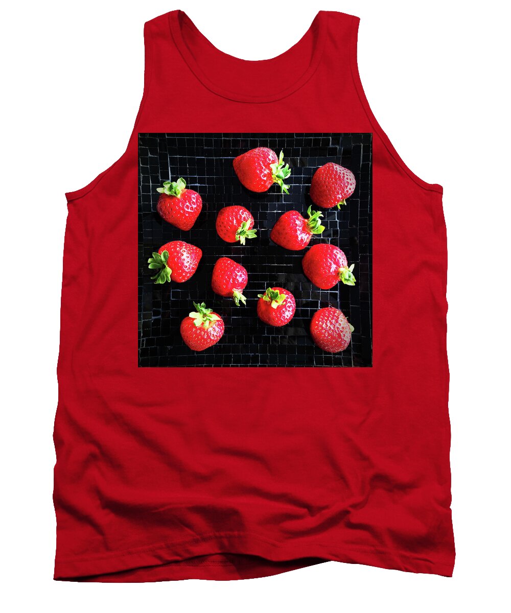 Strawberry Tank Top featuring the photograph Ripe strawberries on back plate by GoodMood Art