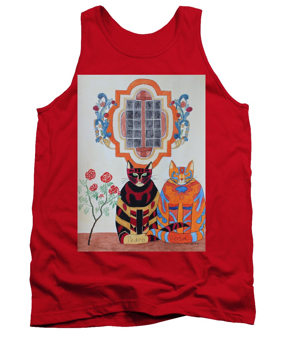 Rose Window Tank Top featuring the painting Rosa and Pedro of the Rose Window of Mission San Jose by Vera Smith
