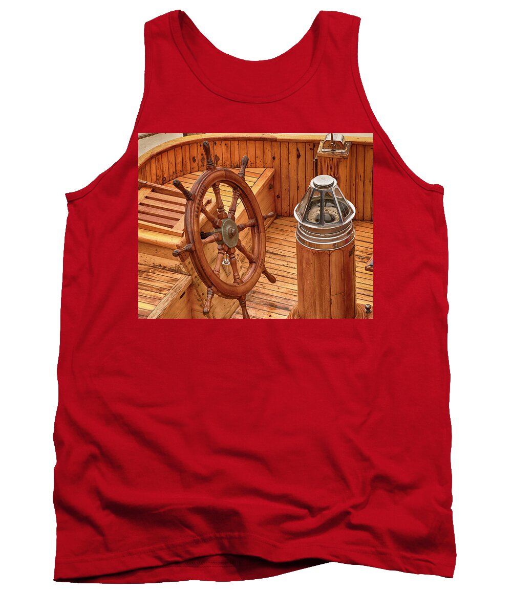 Ship's Wheel; Compass; Ship; Boat; Wheel; New England; Portland; Maine Tank Top featuring the photograph Wheel and Compass by Mick Burkey