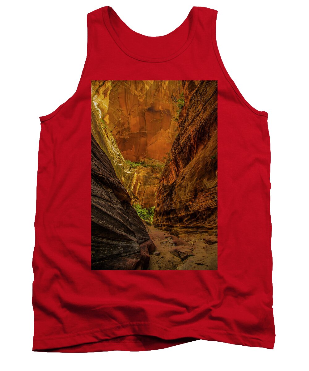 Beautiful Late Afternoon Sunlit Colors Light Up The Echo Canyon Slot Along The Observation Point Trail In Zion National Park. Tank Top featuring the photograph Sunlit Colors in the Slot by Doug Scrima