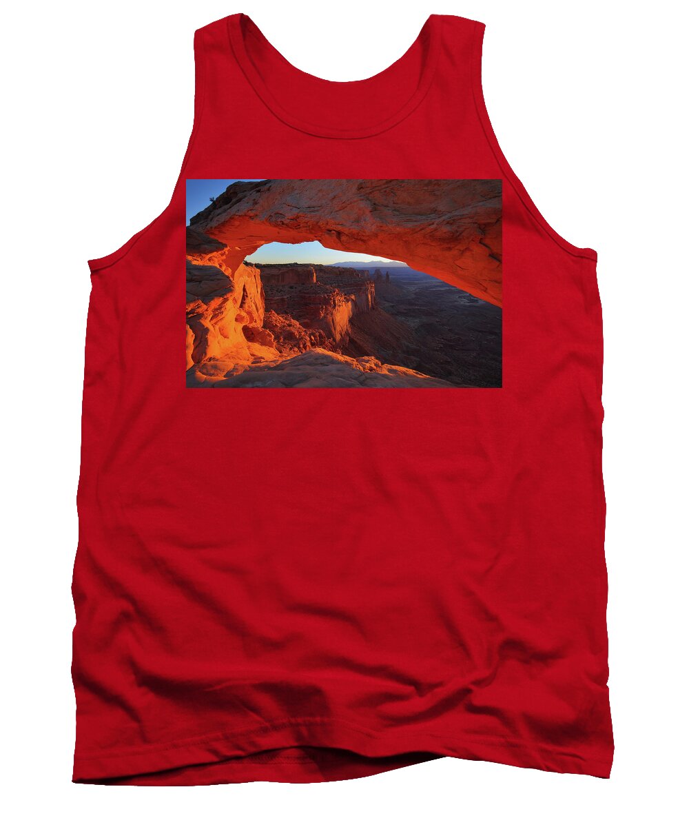 Mesa Tank Top featuring the photograph Sunrise lights Mesa Arch at Canyonlands National Park by Jetson Nguyen