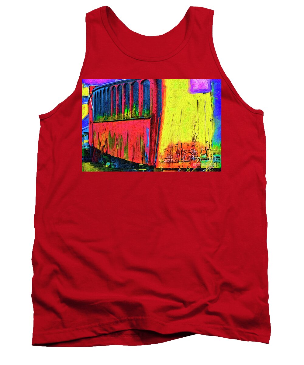 Train Tank Top featuring the digital art The Red Railroad Car In Fauvism by Kirt Tisdale