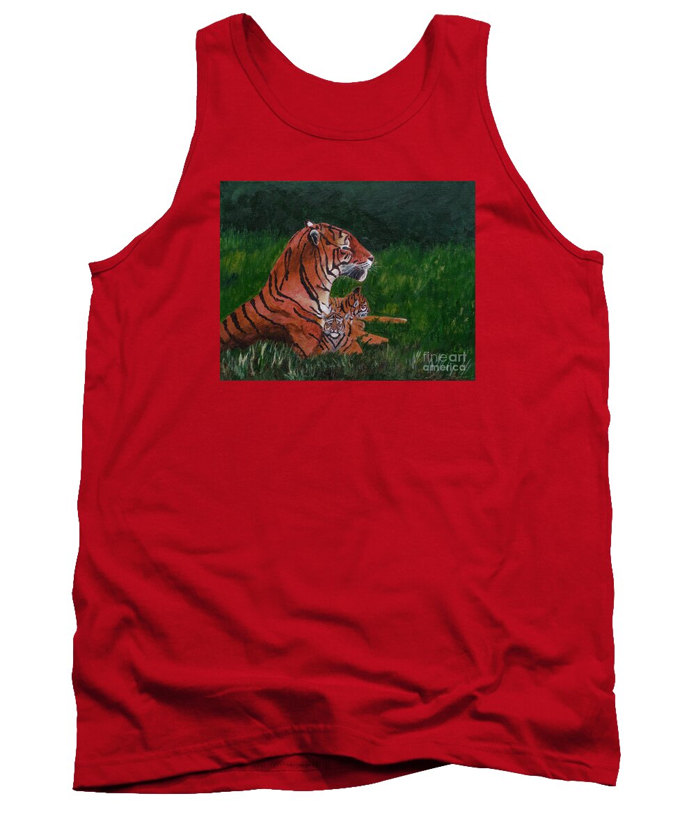 Tiger Tank Top featuring the painting Tiger Family by Laurel Best