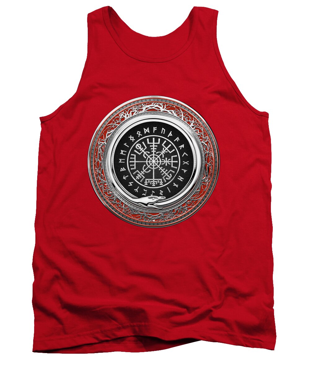 'viking Treasures' By Serge Averbukh Tank Top featuring the digital art Vegvisir - A Silver Magic Viking Runic Compass on Red Leather by Serge Averbukh