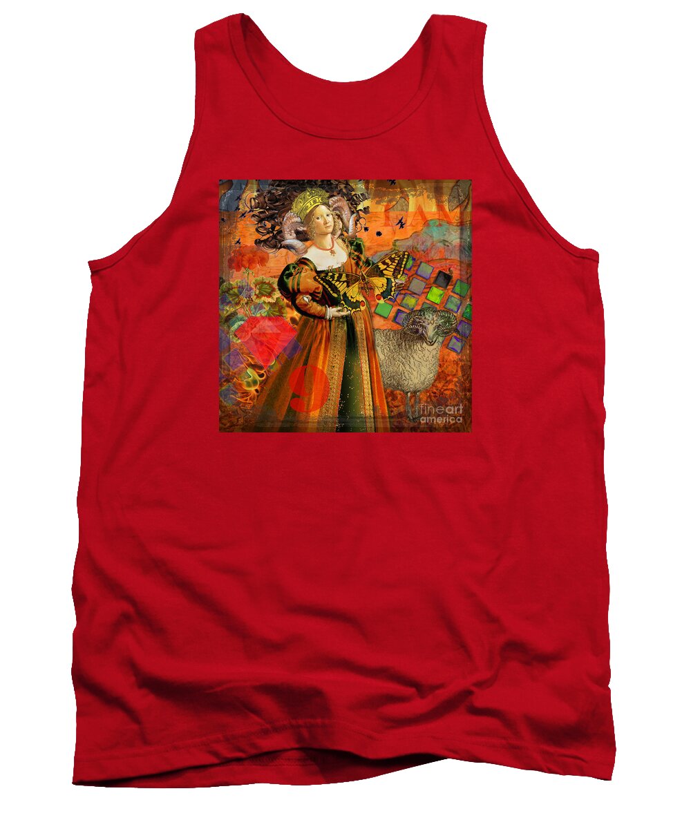 Doodlefly Tank Top featuring the digital art Vintage Taurus Gothic Whimsical Collage Woman Fantasy by Mary Hubley