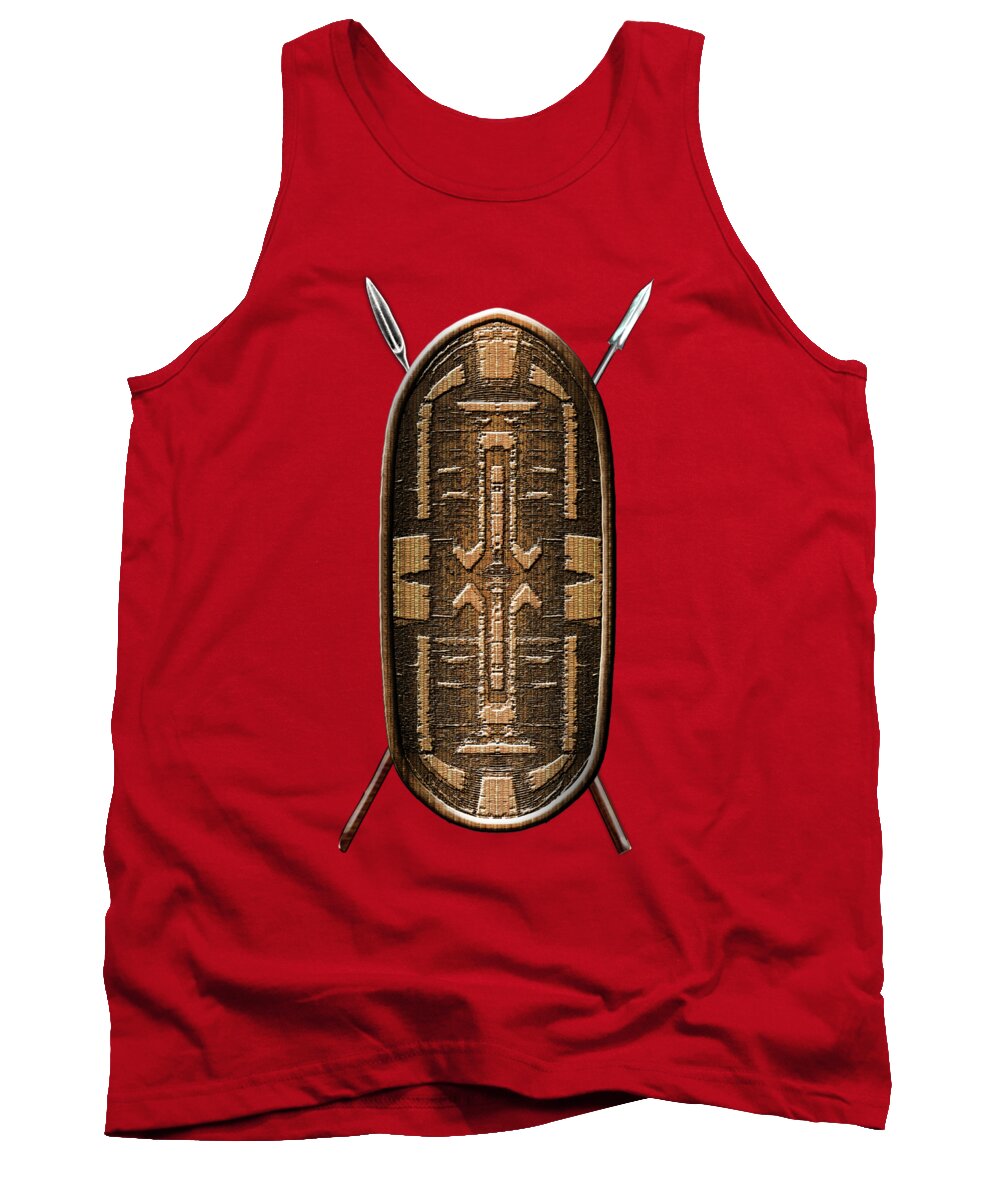 'war Shields' Collection By Serge Averbukh Tank Top featuring the digital art Zande War Shield with Spears on Red Velvet by Serge Averbukh