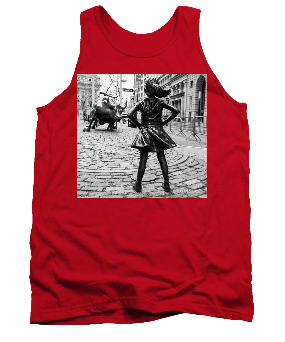 Computer Tank Top featuring the photograph Vintage Fearless Girl and Wall Street Bull Statue #4 by Doc Braham