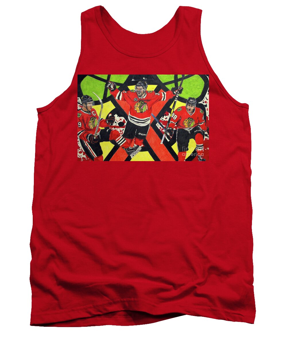 Blackhawks Tank Top featuring the drawing Blackhawks Authentic Fan Limited Edition Piece by Melissa Jacobsen