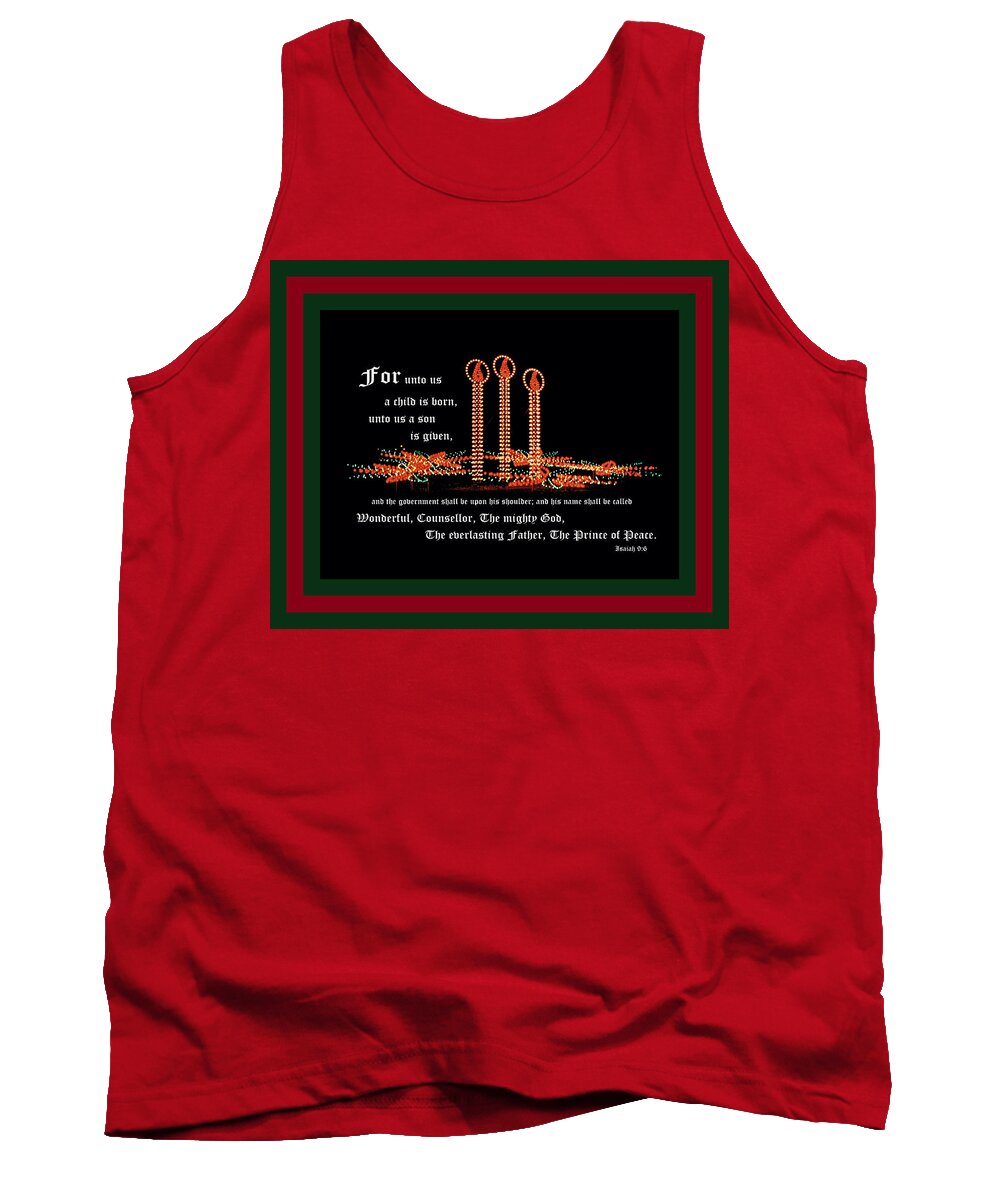 Christmas Candles Tank Top featuring the photograph Christmas Candles with Isaiah 9 vs 6 with Red Green Border by Mike McBrayer