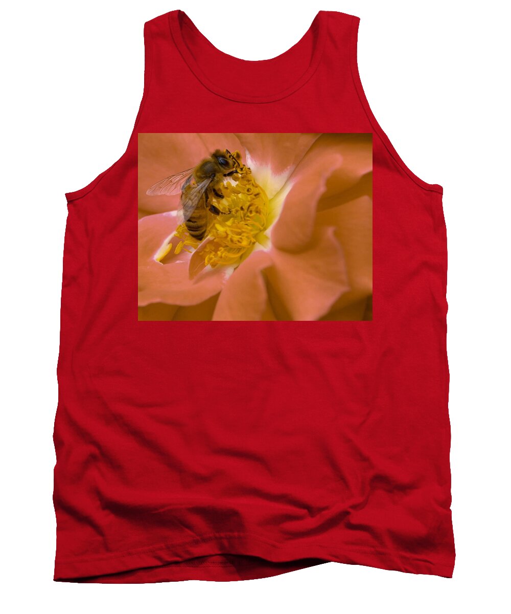 Macro Tank Top featuring the photograph Honeybee on Peach by Susan Rydberg