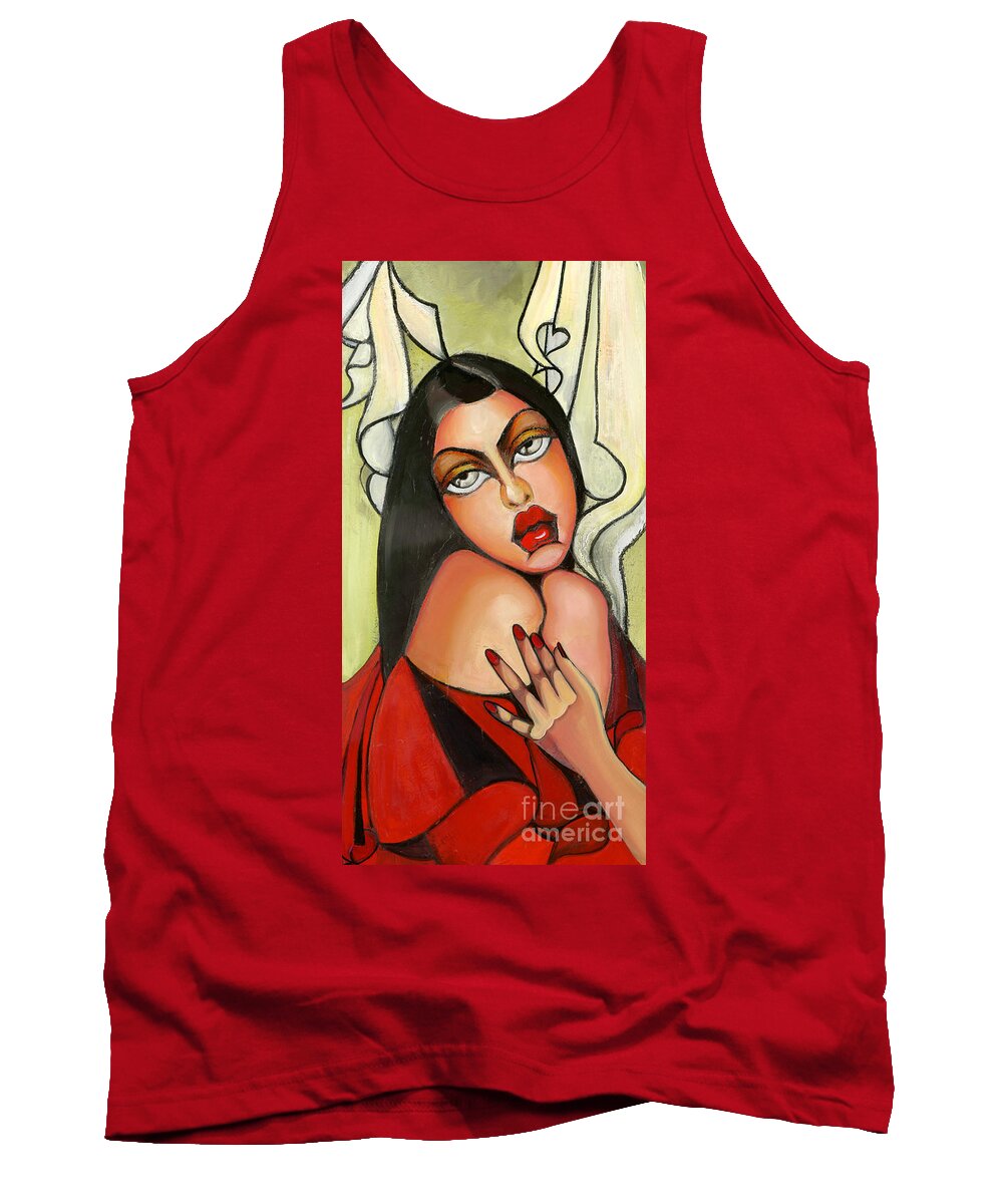 Woman Tank Top featuring the painting Lady in red black hair by Luana Sacchetti