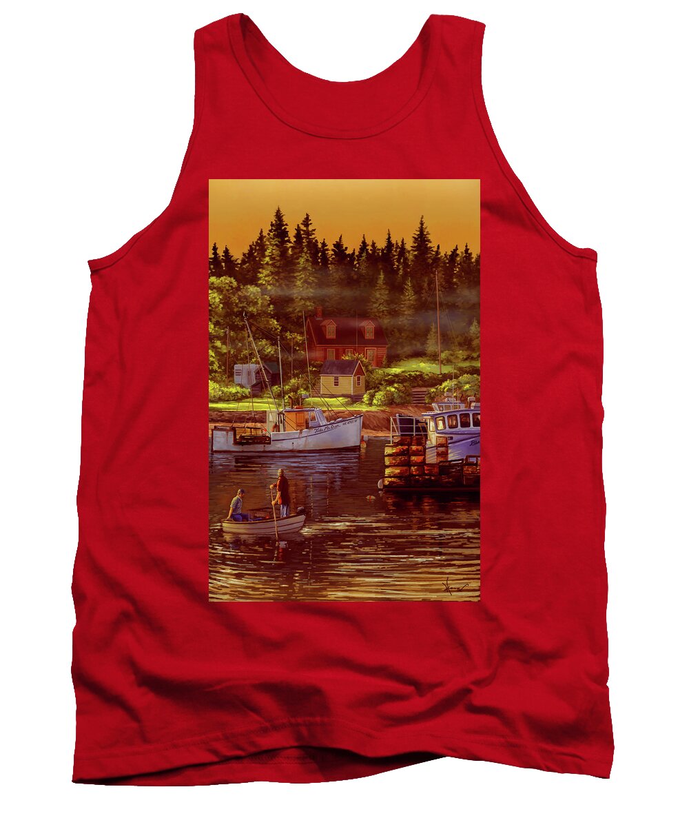 Maine Tank Top featuring the painting Lobstermen by Hans Neuhart