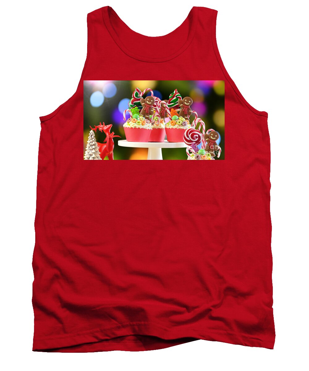 Christmas Tank Top featuring the photograph On trend candy land festive Christmas cupcakes. by Milleflore Images