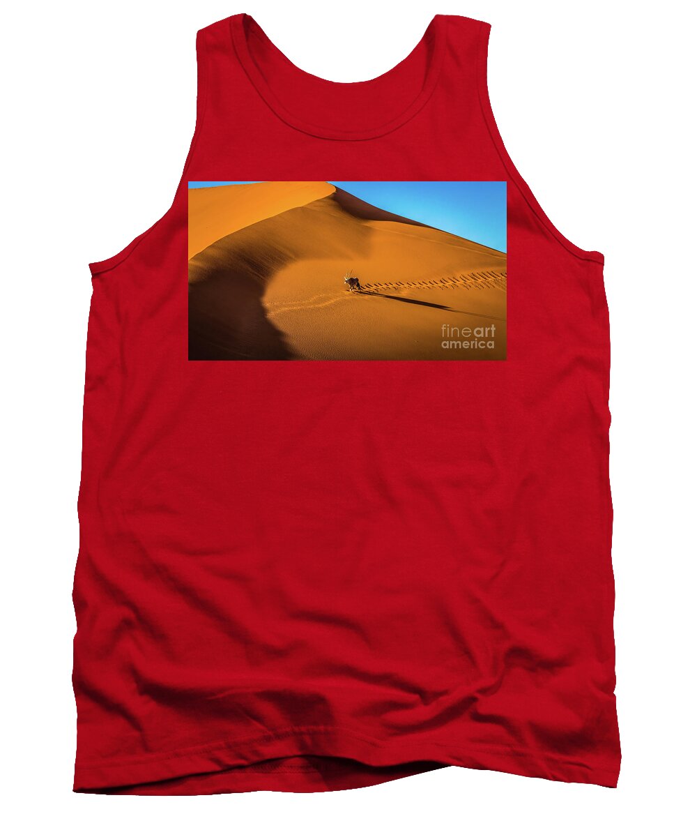 Dune Tank Top featuring the photograph Oryx crossing big daddy dune, Sossusvlei, Namibia by Lyl Dil Creations