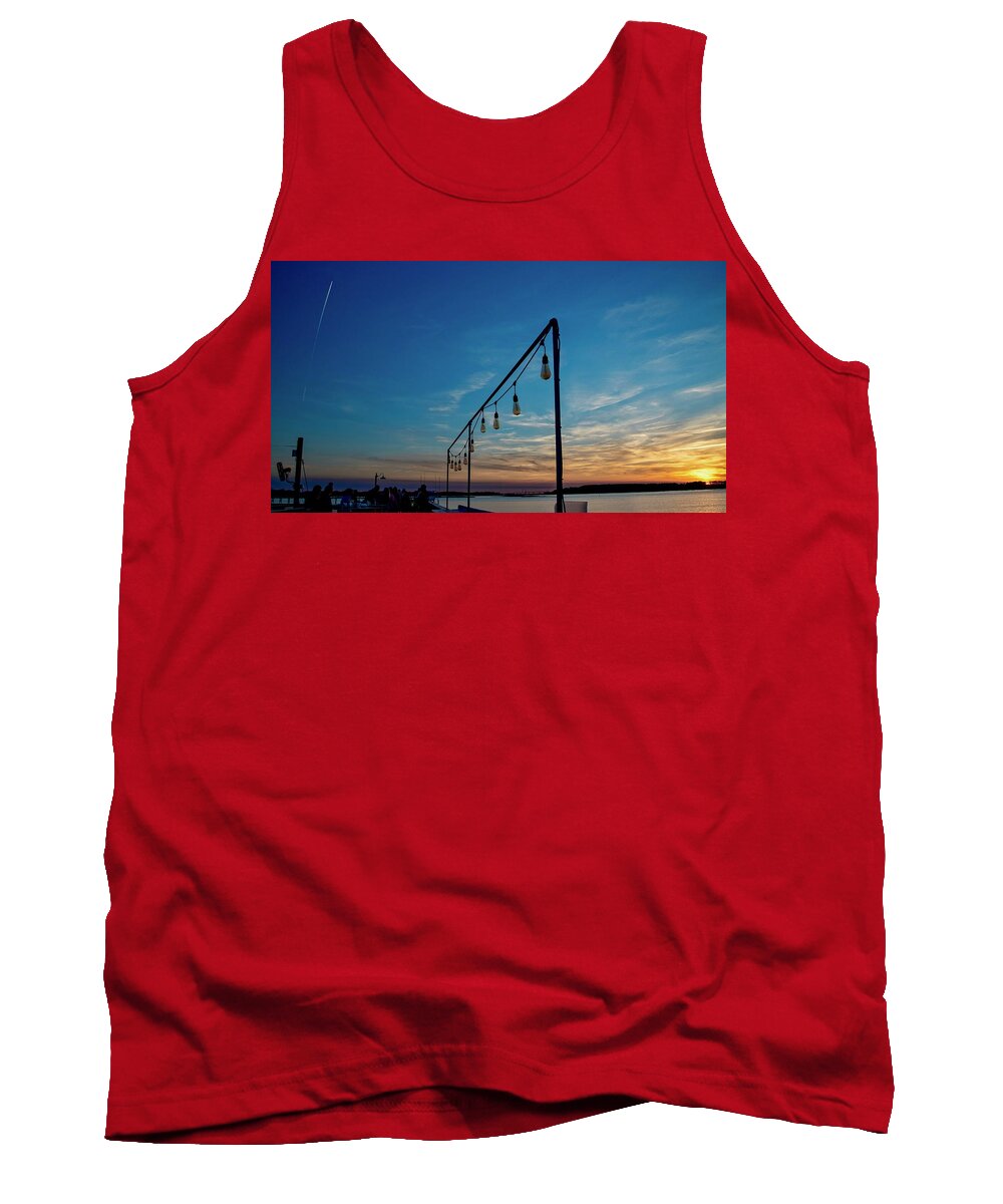 Hudson's Seafood On The Docks Tank Top featuring the photograph Sunset On The Dock At Hudson's Seafood by Dennis Schmidt