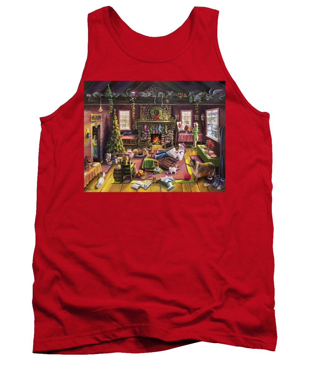 Cabin Tank Top featuring the painting The Micey Christmas Heisty by Nancy Griswold