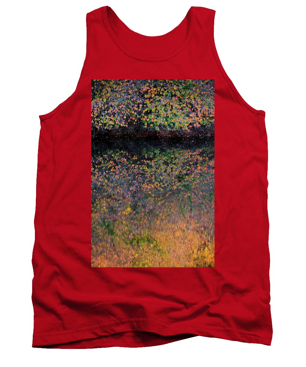 Wild Cherry Tank Top featuring the photograph Wild Cherry tree in the Fall, golden reflections on the river by Anita Nicholson