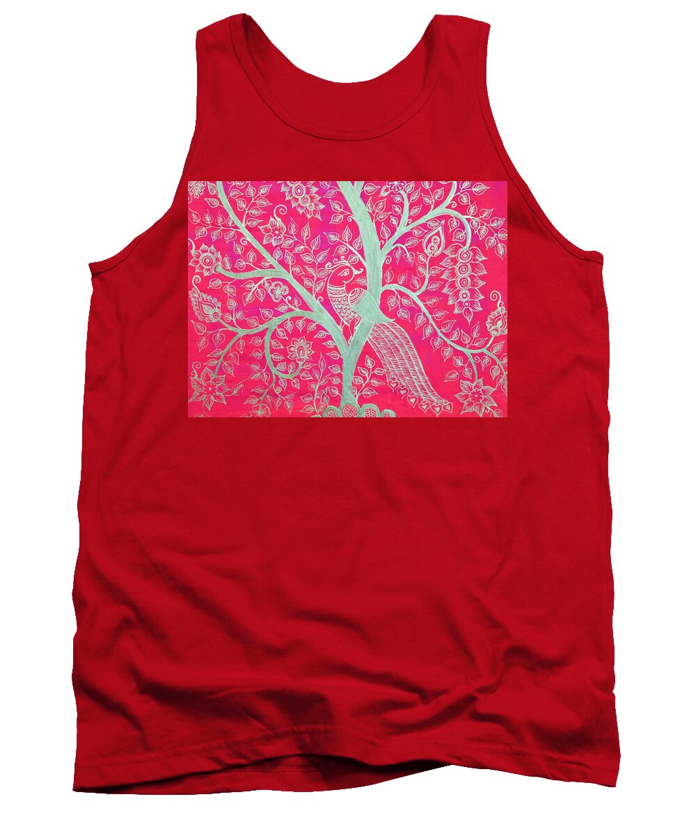 Kalamkari Tank Top featuring the painting Tree of Life - Hot Pink by Bnte Creations