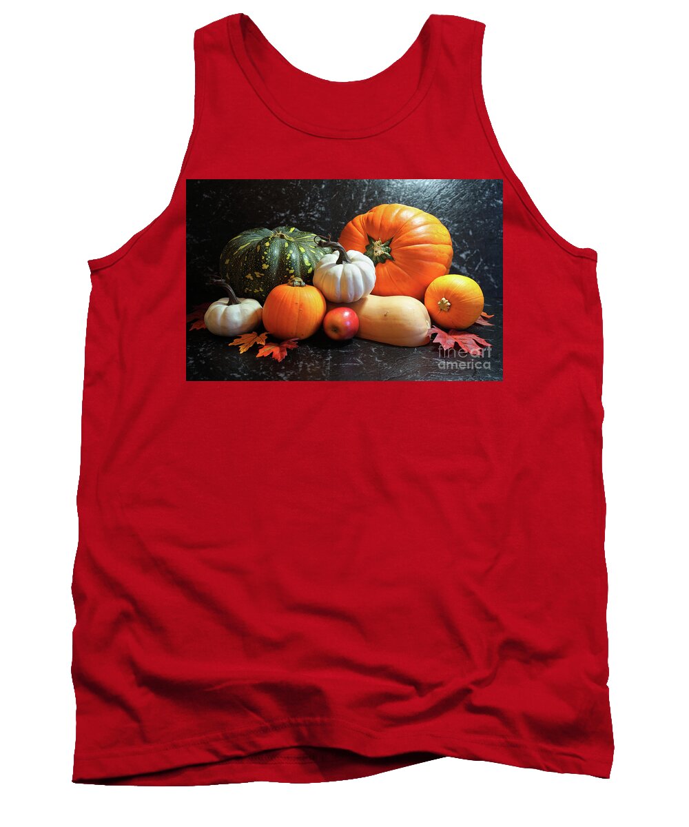 Pumpkin Tank Top featuring the photograph Autumn harvest, diverse assortment of pumpkins on a black marble table counter. #4 by Milleflore Images