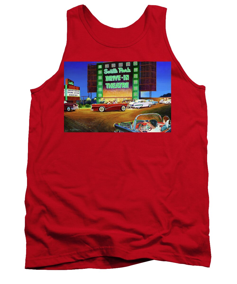Fifties Summer Remembered South Park Drive-in Theatre Theater Neon Lights 1950 Tank Top featuring the painting A Summer Remembered by Randy Welborn